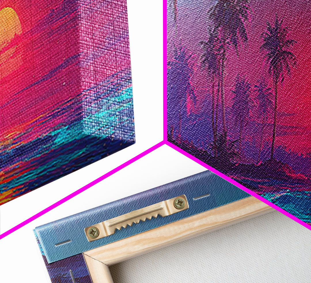 Pink Tropical Palm Island Sunset Wall Art, Neon Ocean Waves, Coastal Beach House Decor, Large Horizontal Canvas Print Poster