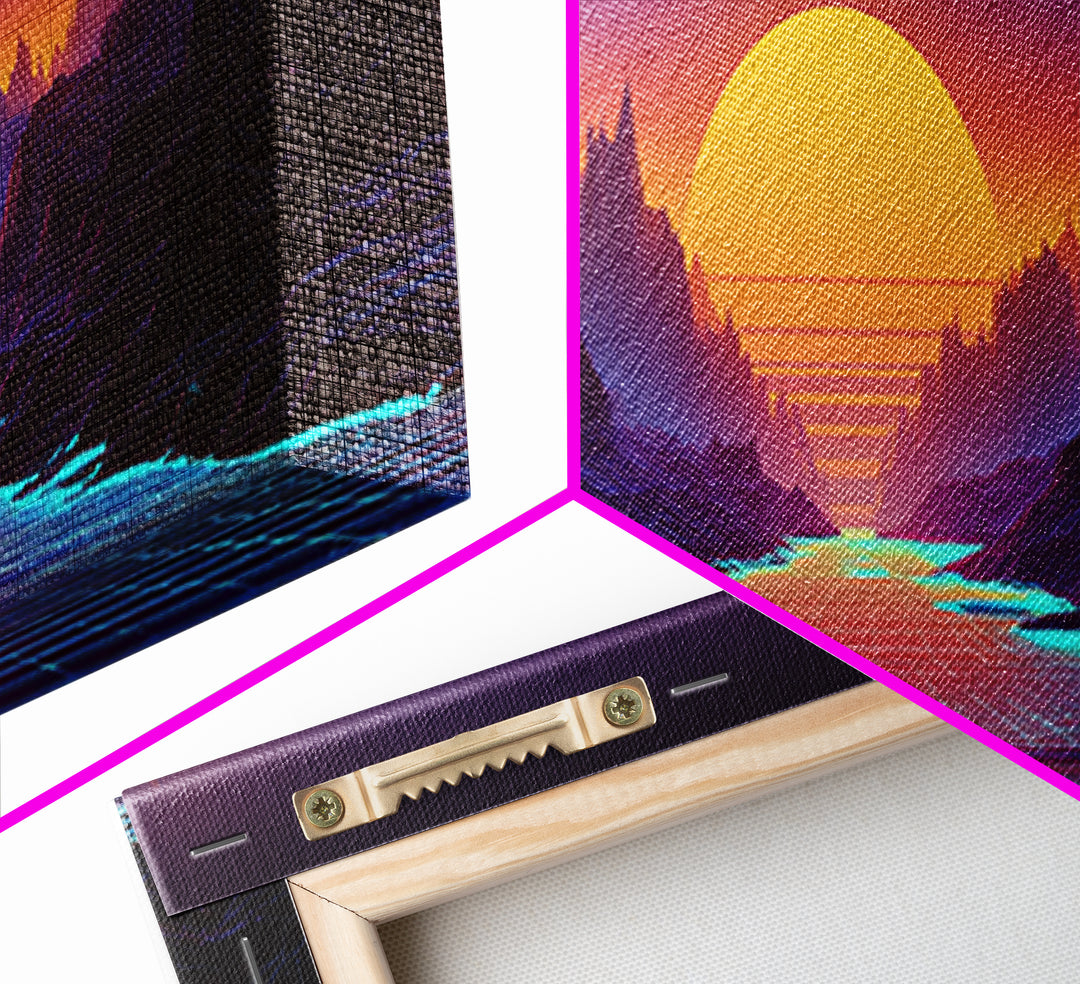 Neon Fantasy Mountain Valley Wall Art, Synthwave Landscape Canvas Print, Futuristic Decor, Gaming Room, Large Poster, Home Decor