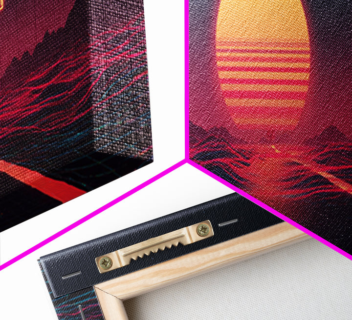 Lonely Neon Desert Highway With Retro Sun Canvas Print, Vaporwave Wall Art, Futuristic Decor, Gamer Room Poster Gift For Him