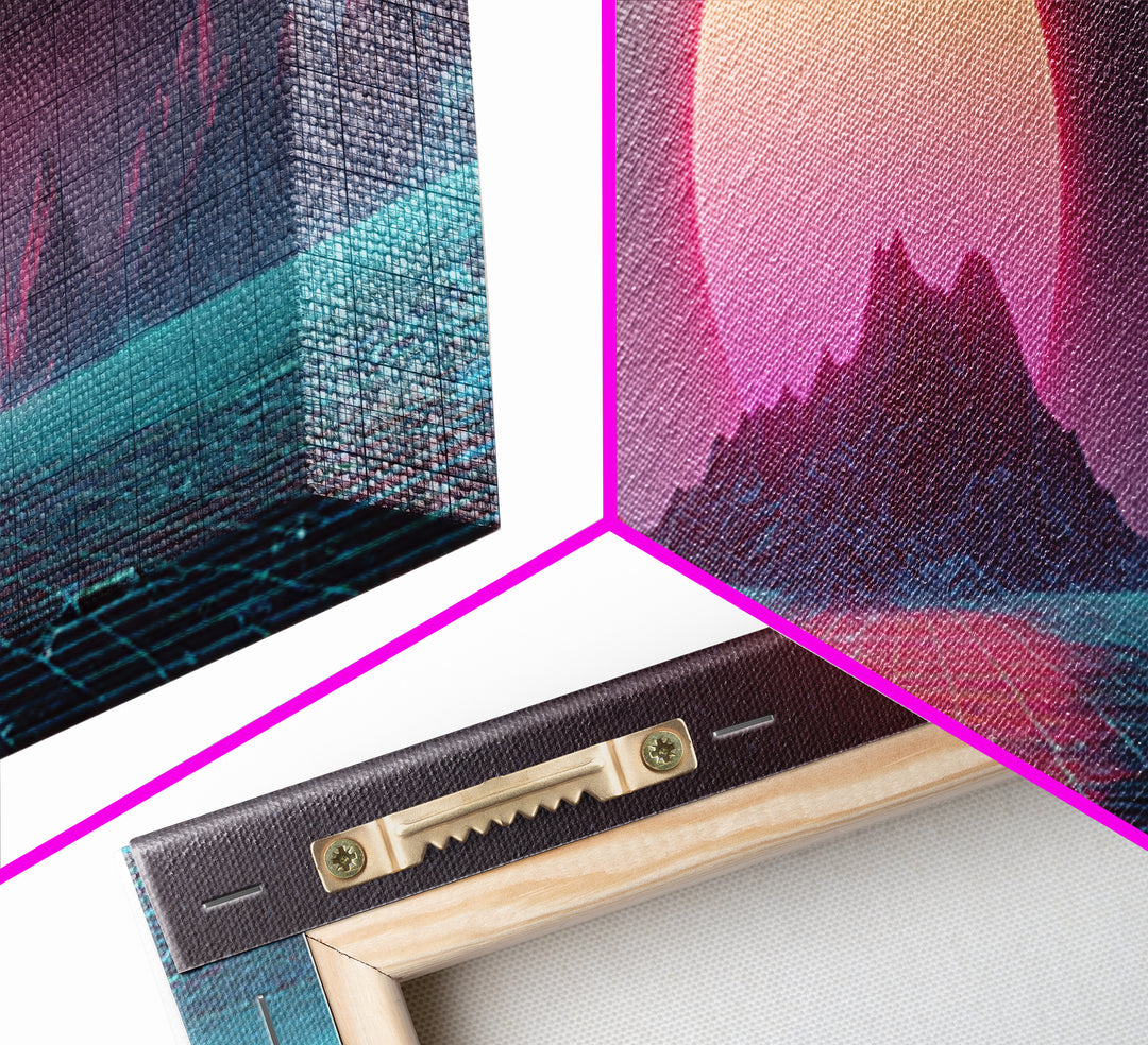 Alien Mountain Grid Sunset Wall Art, Retro Futuristic Synthwave Landscape, Vaporwave Home Decor, Large Horizontal Art Print