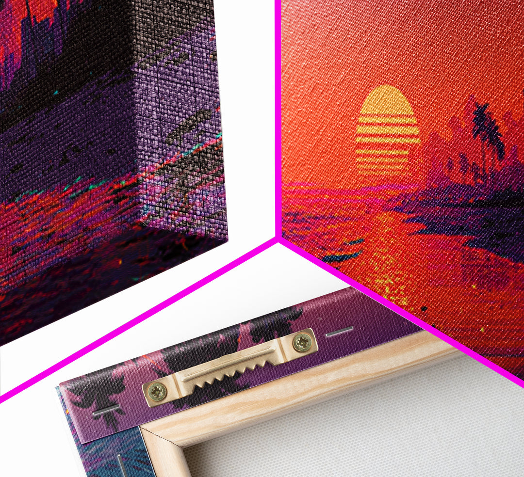 Retro Neon Tropical Beach Sunset Wall Art, Synthwave Coastal Decor, Palm Tree Ocean Print, Vibrant Summer Canvas Gift Idea