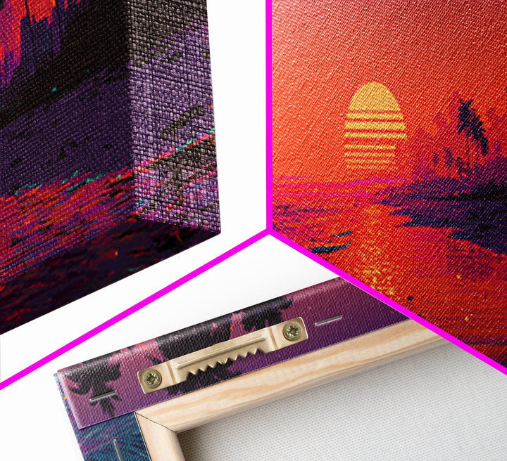 Retro Neon Tropical Beach Sunset Wall Art, Synthwave Coastal Decor, Palm Tree Ocean Print, Vibrant Summer Canvas Gift Idea