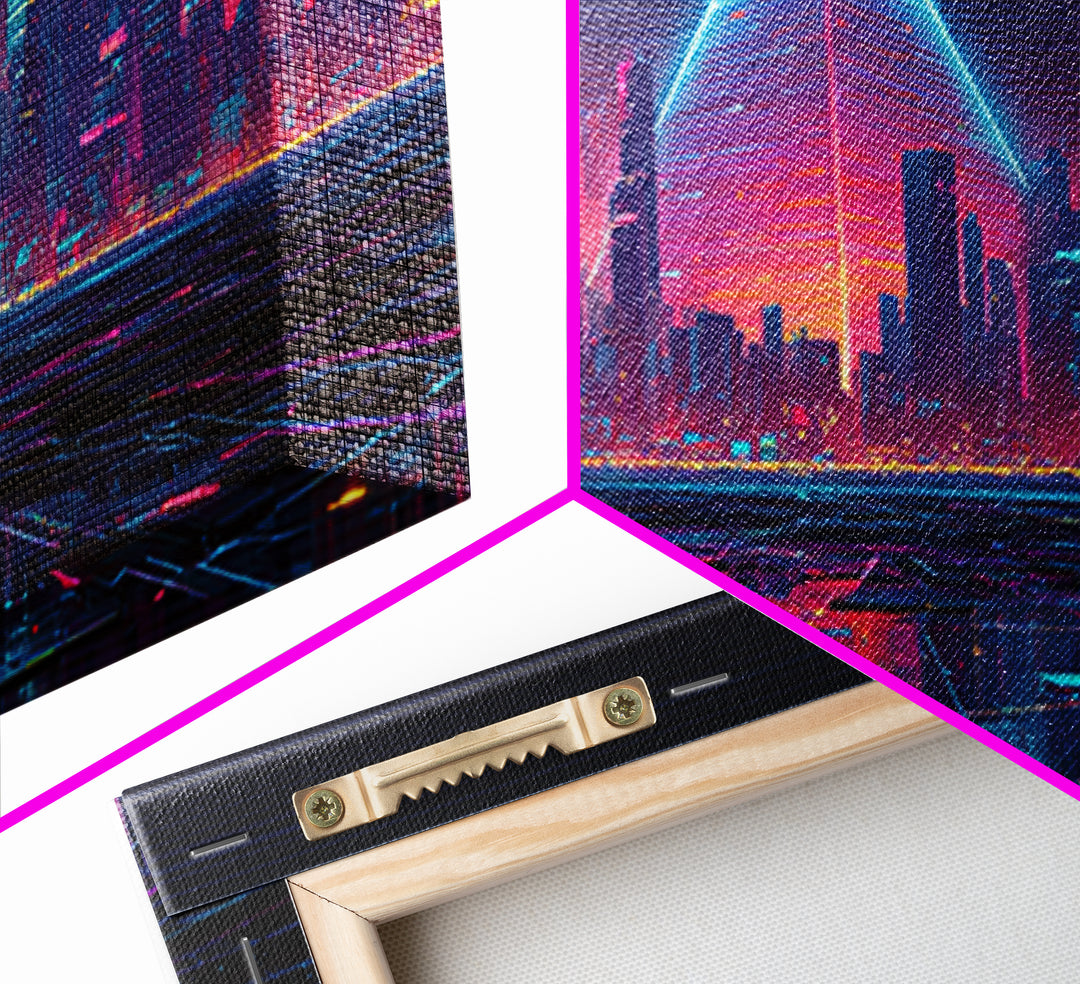 Cyberpunk Neon City With Glowing Pyramid, Futuristic Wall Art, Synthwave Canvas Print, Gaming Room Decor, Modern Office Art
