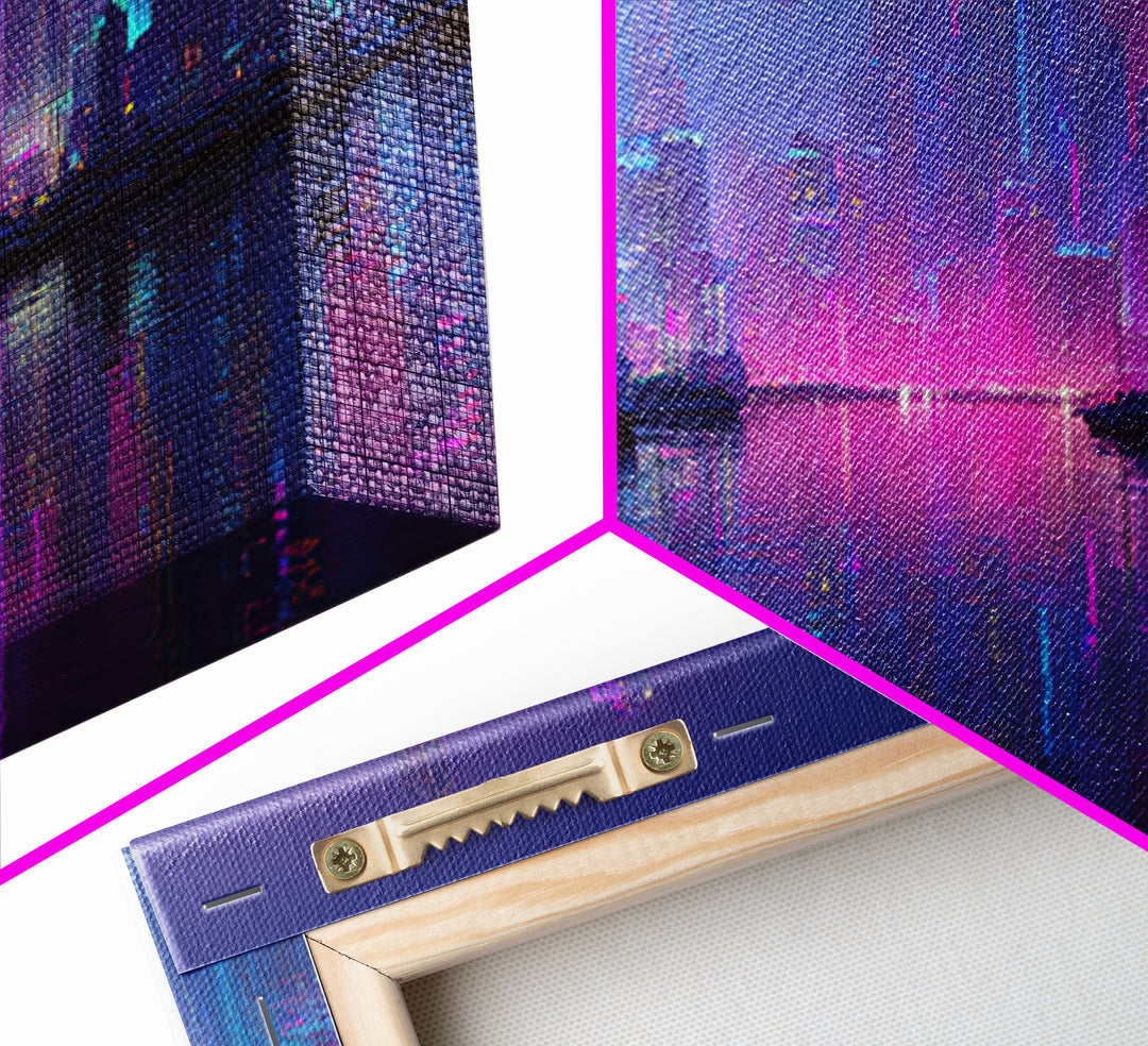 Neon Cyberpunk Skyline Canvas Print, Futuristic Cityscape Wall Art, Vaporwave Office Decor, Large Modern Urban Night Art