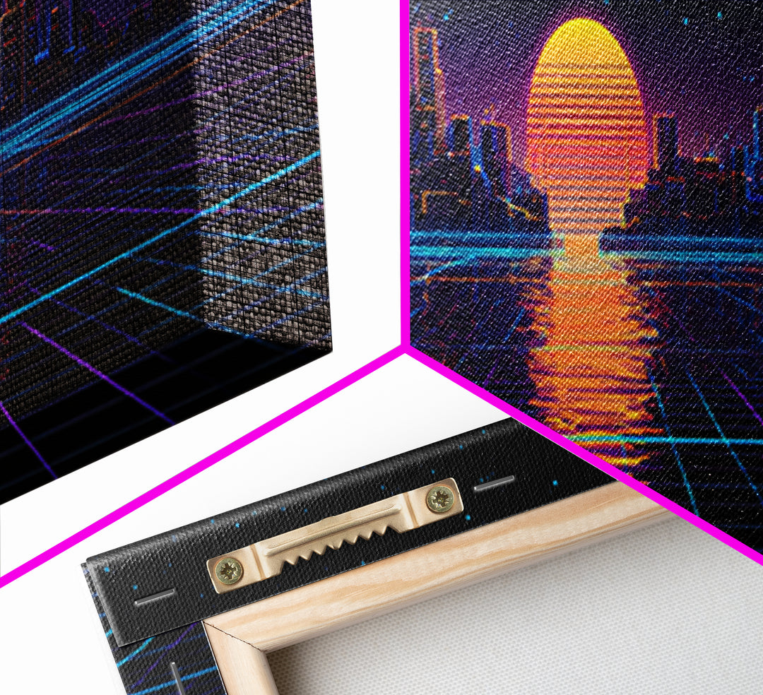 Synthwave City Skyline Over Neon Grid Canvas Print, Retro Futuristic Wall Art, Cyberpunk Decor, Vaporwave Poster Gift For Him