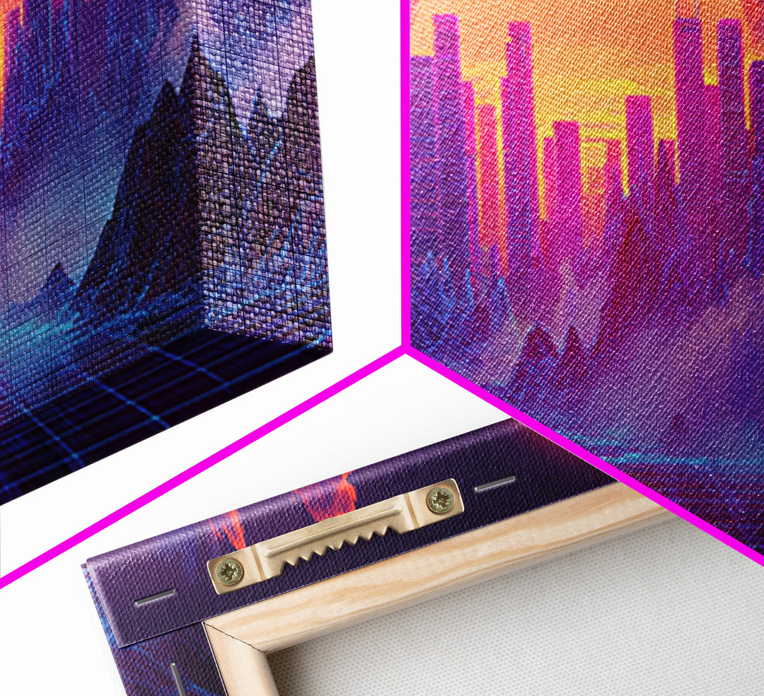 Synthwave City Sunset Skyline Canvas Print, Retro Futuristic Wall Art, Neon Mountain Decor, Vaporwave Living Room Art, Home Decor
