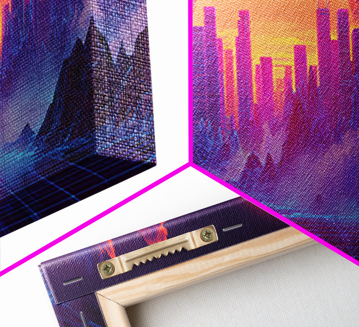 Synthwave City Sunset Skyline Canvas Print, Retro Futuristic Wall Art, Neon Mountain Decor, Vaporwave Living Room Art, Home Decor