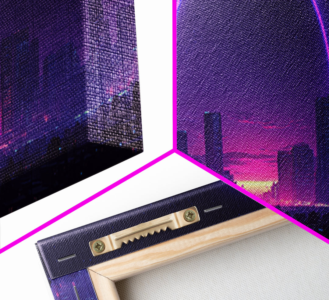Neon City Skyline With Purple Eclipse Canvas Print, Cyberpunk Wall Art, Futuristic Urban Decor, Gaming Room Statement Art