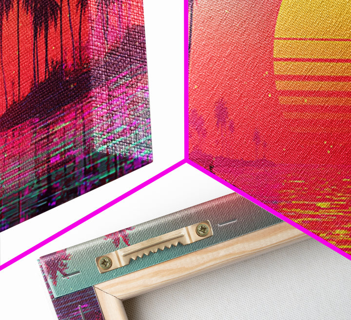 Pastel Tropical Lagoon Sunset With Palms, Vaporwave Canvas Print, Coastal Wall Art, Beach House Decor, Pink Room Decor Print