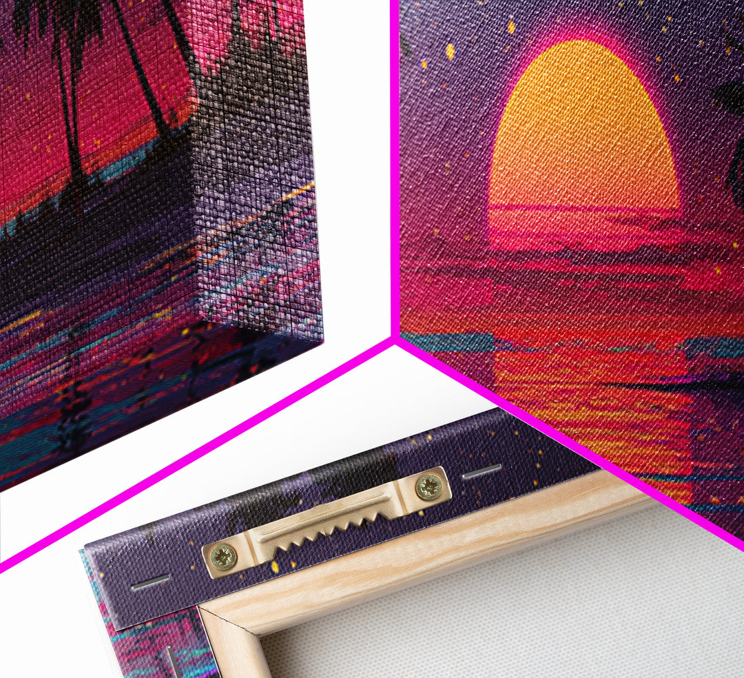 Retro Tropical Sunset Over Palm Island Wall Art, Neon Ocean Landscape, Coastal Decor, Beach House, Large Horizontal Print