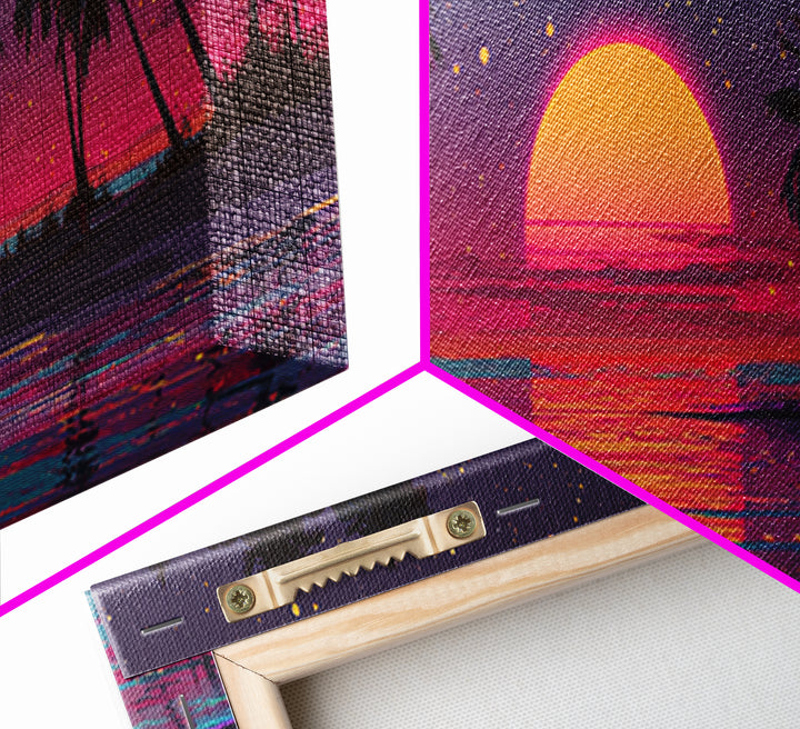 Retro Tropical Sunset Over Palm Island Wall Art, Neon Ocean Landscape, Coastal Decor, Beach House, Large Horizontal Print