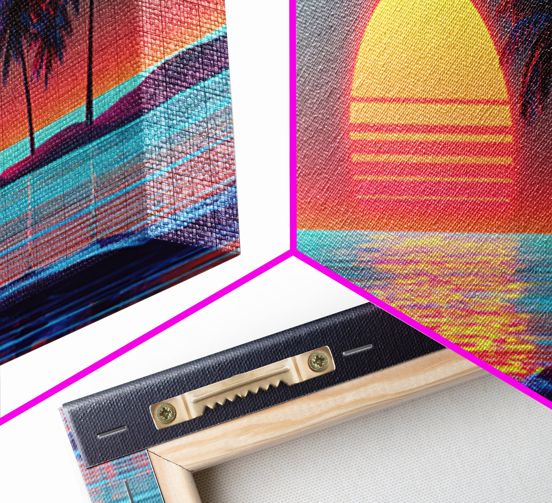 Retro Palm Island Sunset Canvas Print, Tropical Beach Wall Art, Coastal Decor, Summer Vibes, Large Living Room Poster, Home Decor