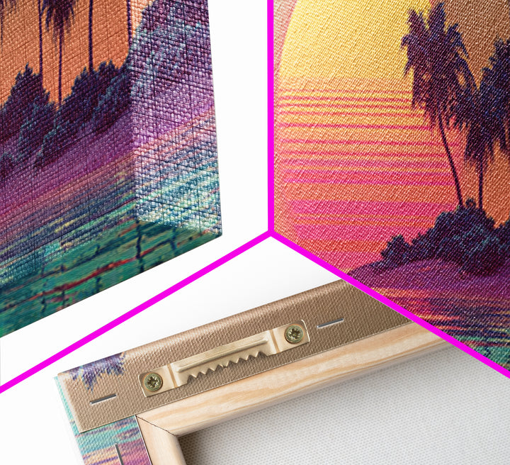 Tropical Palm Island Sunset Canvas Print, Retro Coastal Wall Art, Beach House Decor, Vaporwave Summer Landscape Art Print