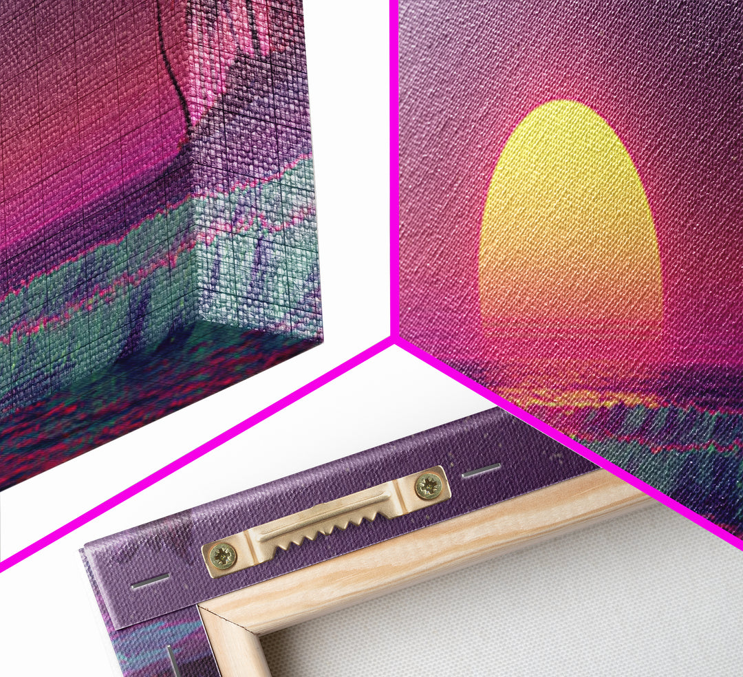 Dreamy Tropical Moonrise Over Ocean Canvas Print, Vaporwave Beach Wall Art, Palm Tree Decor, Coastal Bedroom, Sunset Print