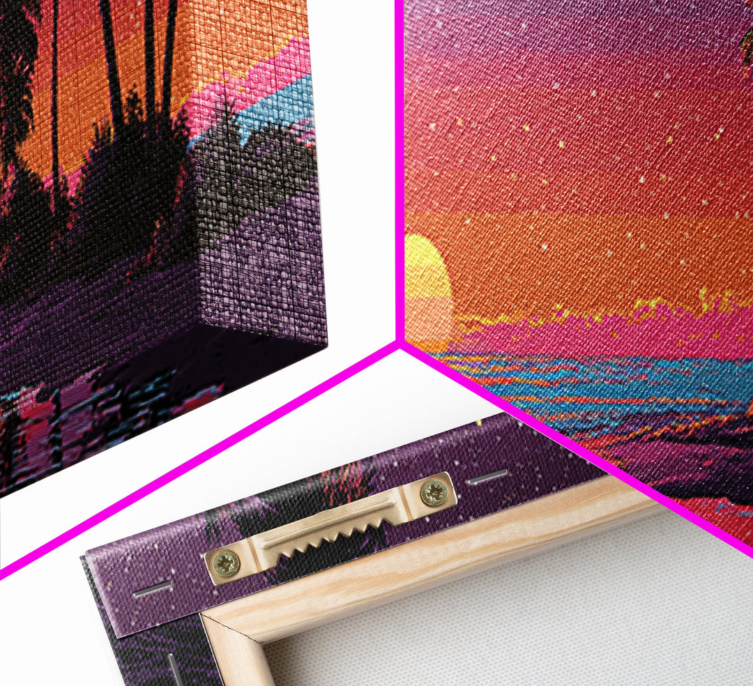 Tropical Pixel Sunset Beach With Palms, Retro Vaporwave Canvas Print, Coastal Wall Art, Beach House Decor, Gift For Her Print