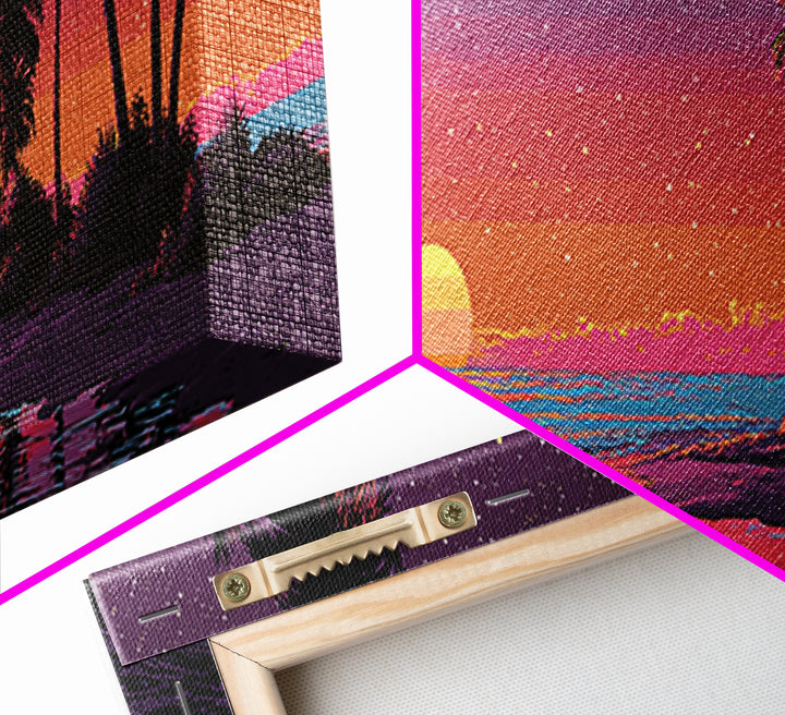Tropical Pixel Sunset Beach With Palms, Retro Vaporwave Canvas Print, Coastal Wall Art, Beach House Decor, Gift For Her Print