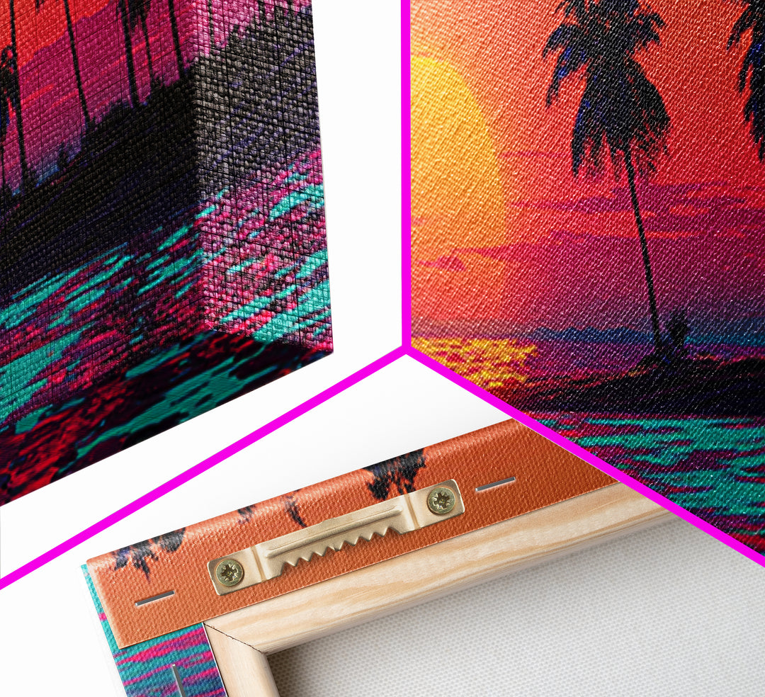 Palm Island Sunset With Neon Ocean, Tropical Wall Art, Coastal Canvas Print, Beach House Decor, Colorful Living Room Art
