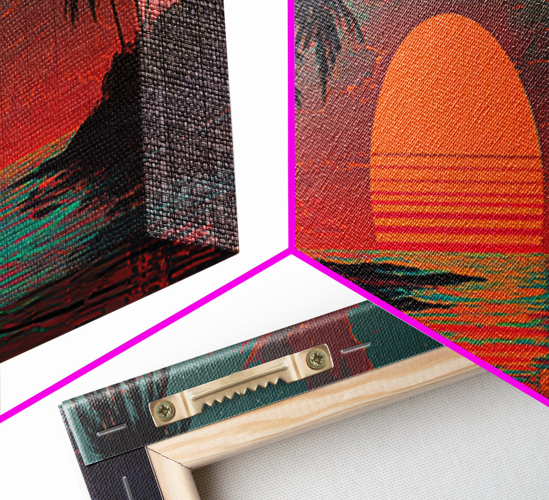 Tropical Palm Island Sunset Wall Art, Retro Beach Canvas Print, Coastal Decor, Ocean Poster, Summer Housewarming Gift, Tropical Home Decor