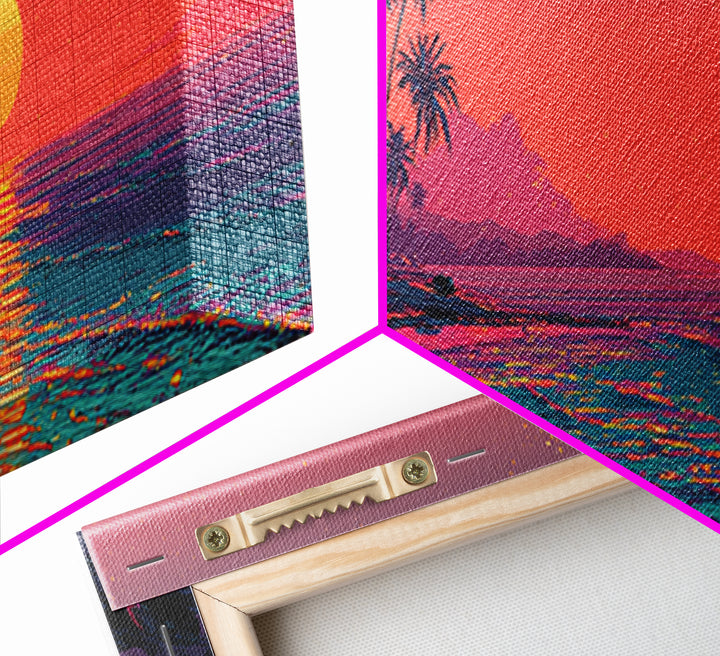 Neon Tropical Beach Sunset With Palms Wall Art, Coastal Decor, Pink Ocean Landscape, Retro Panoramic Summer Canvas Print