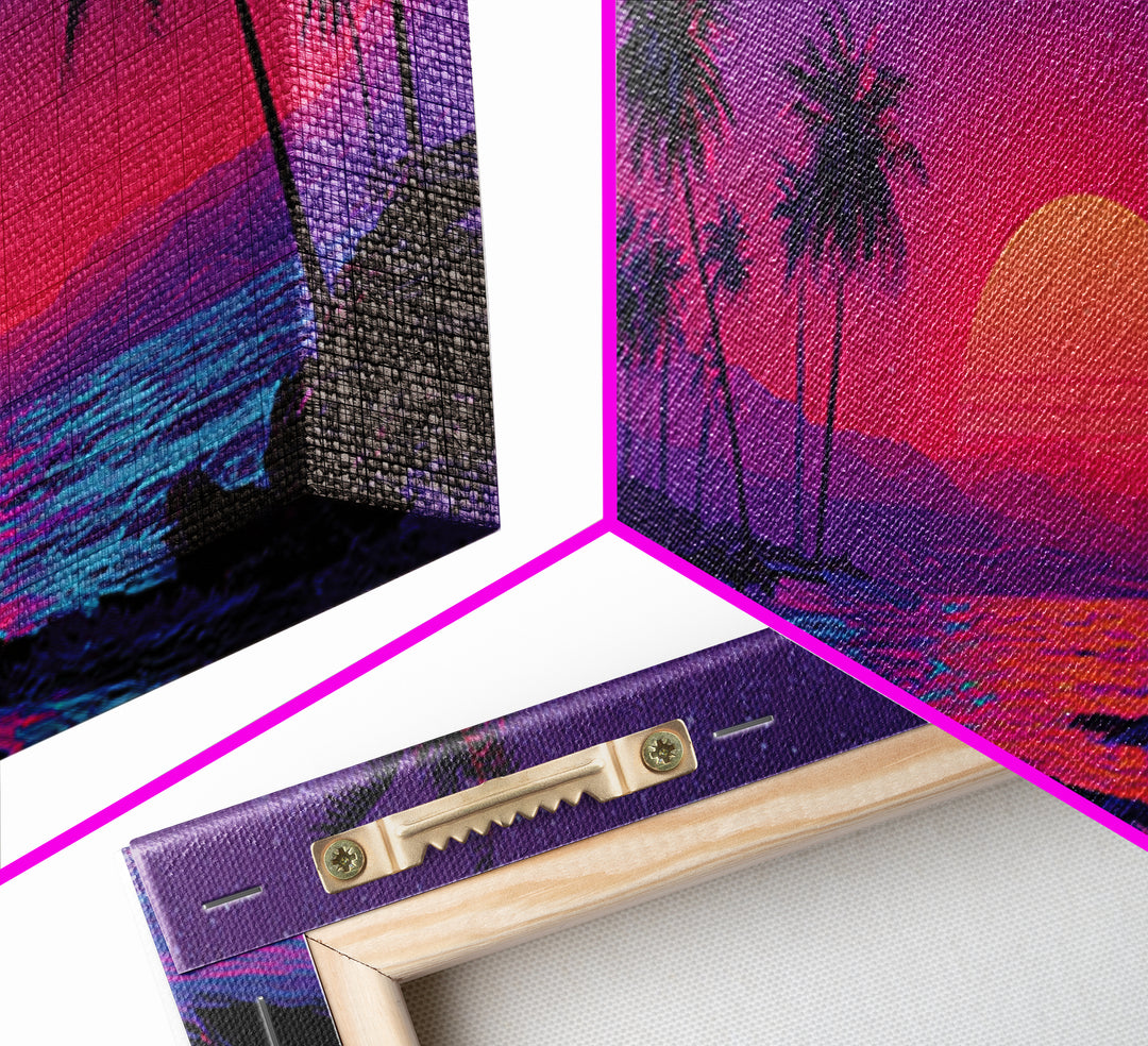 Neon Tropical Palm Beach Canvas Print, Retro Sunset Wall Art, Coastal Decor, Vaporwave Ocean Art Print, Summer Bedroom Art