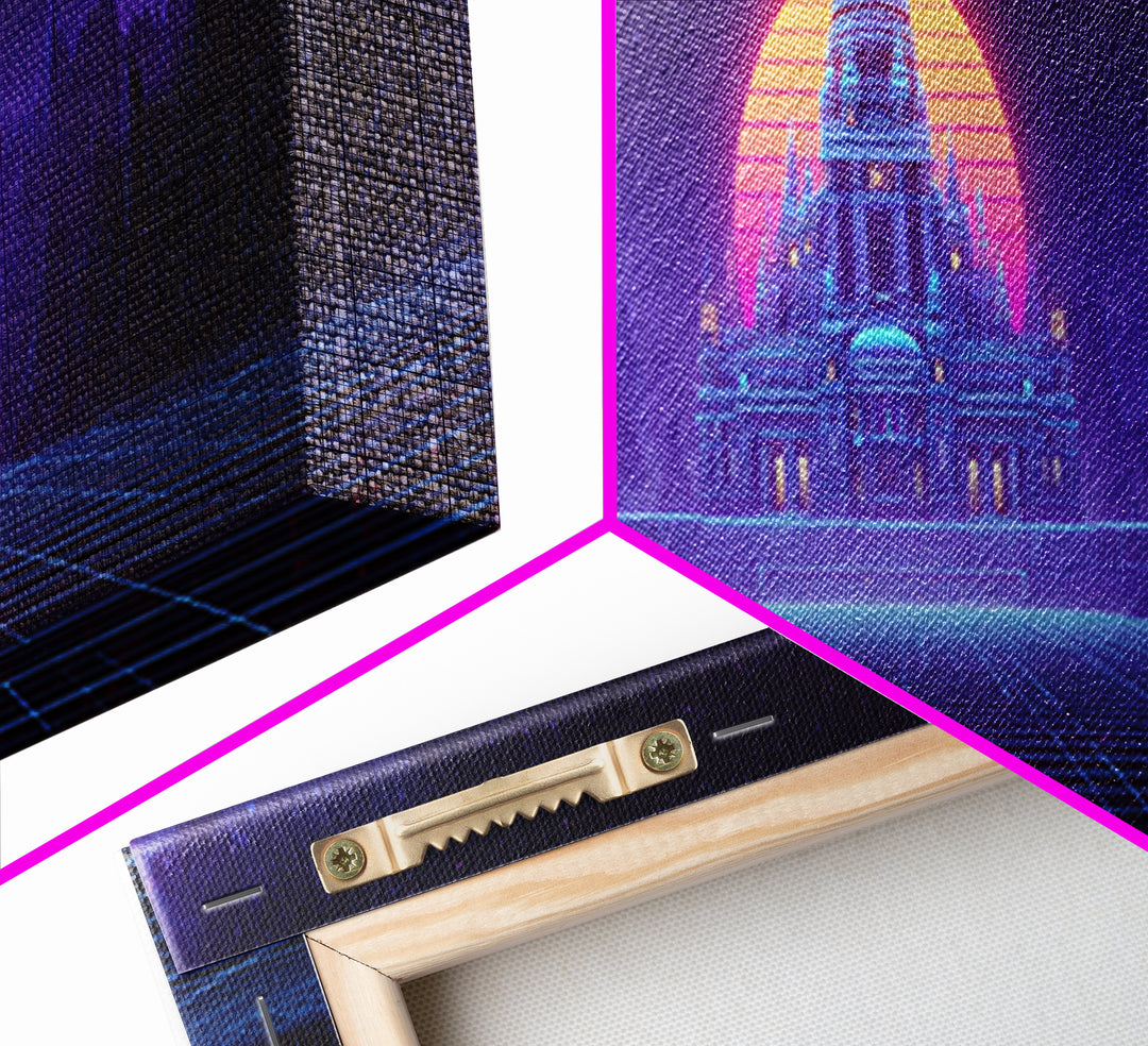 Neon Temple Beneath Cosmic Sunset Framed Canvas Print, Synthwave Wall Art, Futuristic Decor, Sci Fi Living Room Art, Home Decor