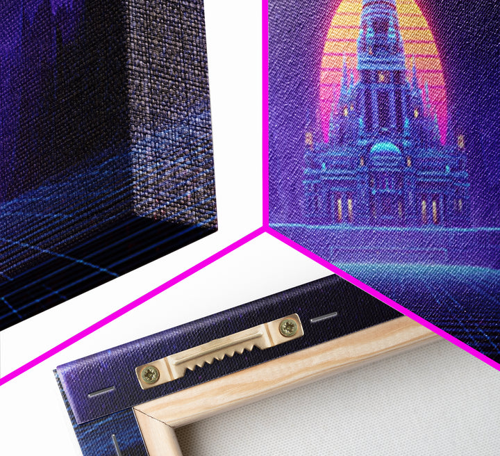 Neon Temple Beneath Cosmic Sunset Framed Canvas Print, Synthwave Wall Art, Futuristic Decor, Sci Fi Living Room Art, Home Decor