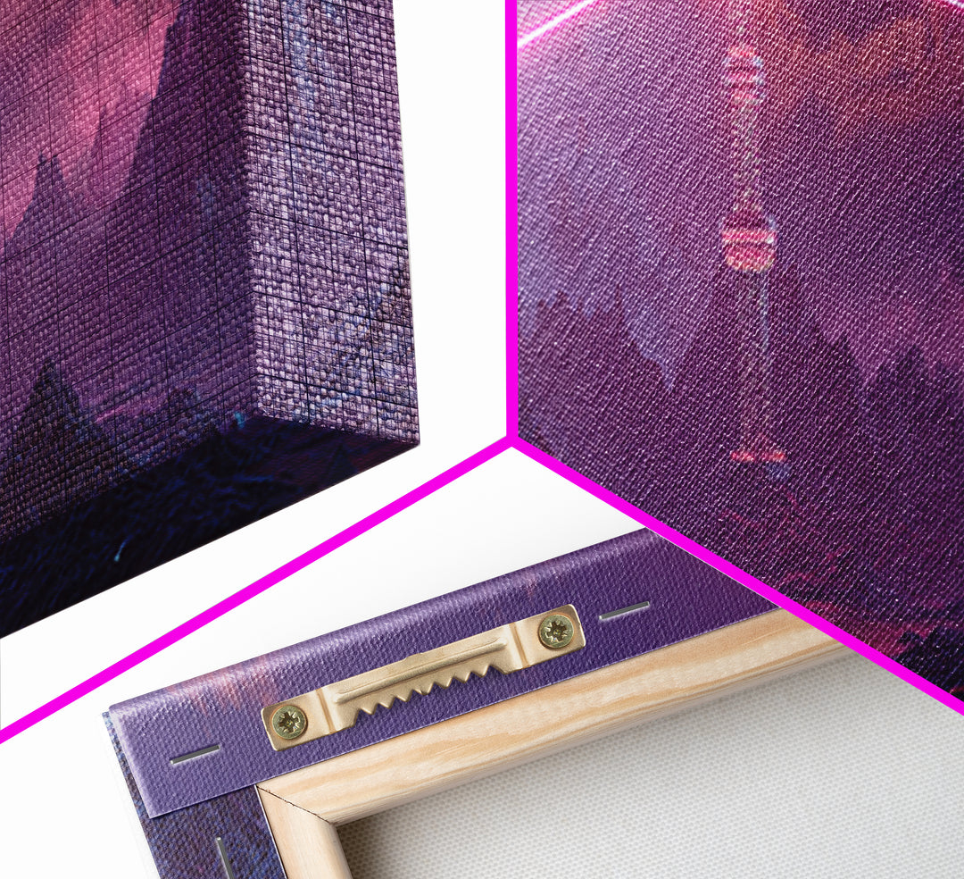 Cyberpunk Mountain Tower Canvas Print, Neon Sci Fi Wall Art, Futuristic Landscape Decor, Gaming Room Poster, Gift For Him