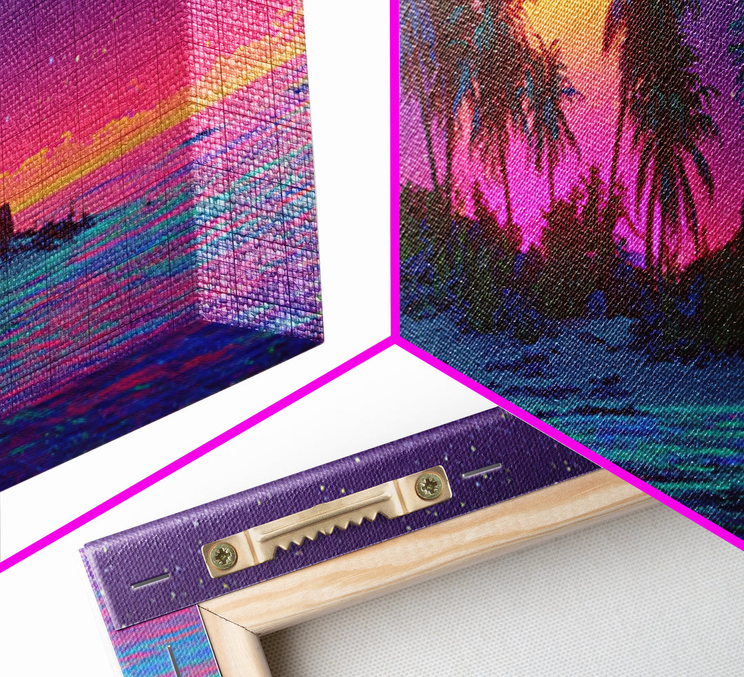 Neon Island Moonrise Wall Art, Starry Tropical Ocean Canvas Print, Purple Pink Coastal Decor, Fantasy Beach House Living Room Print