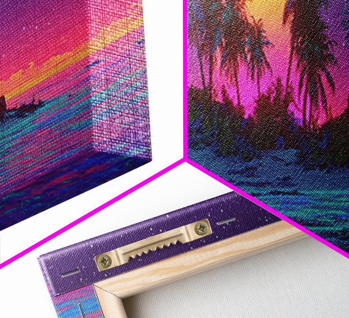 Neon Island Moonrise Wall Art, Starry Tropical Ocean Canvas Print, Purple Pink Coastal Decor, Fantasy Beach House Living Room Print