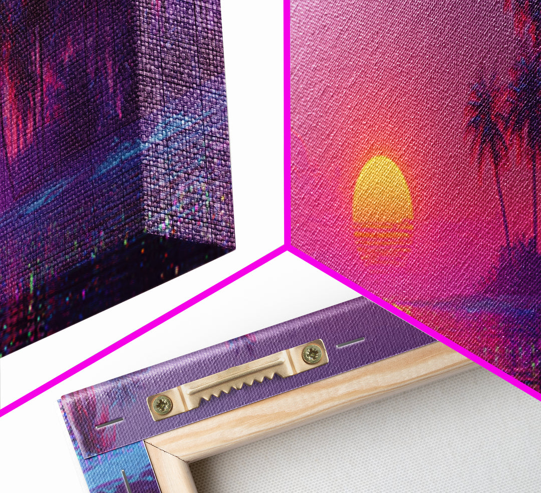Pink Tropical Ocean Sunset Canvas Print, Palm Island Wall Art, Coastal Beach Decor, Large Vibrant Seascape Wall Art Print