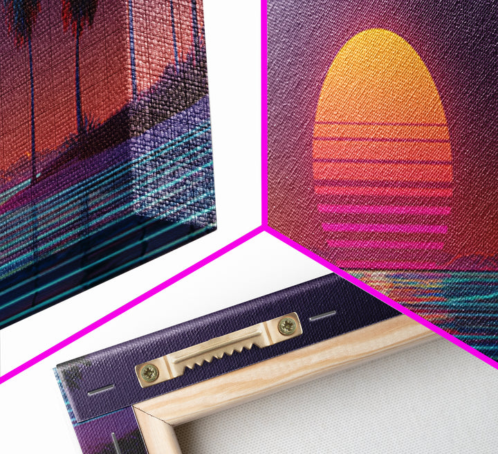 Retro Tropical Palm Sunset Wall Art, Vaporwave Beach Canvas Print, Neon Coastal Decor, 80s Aesthetic Room Decor, Gift For Him