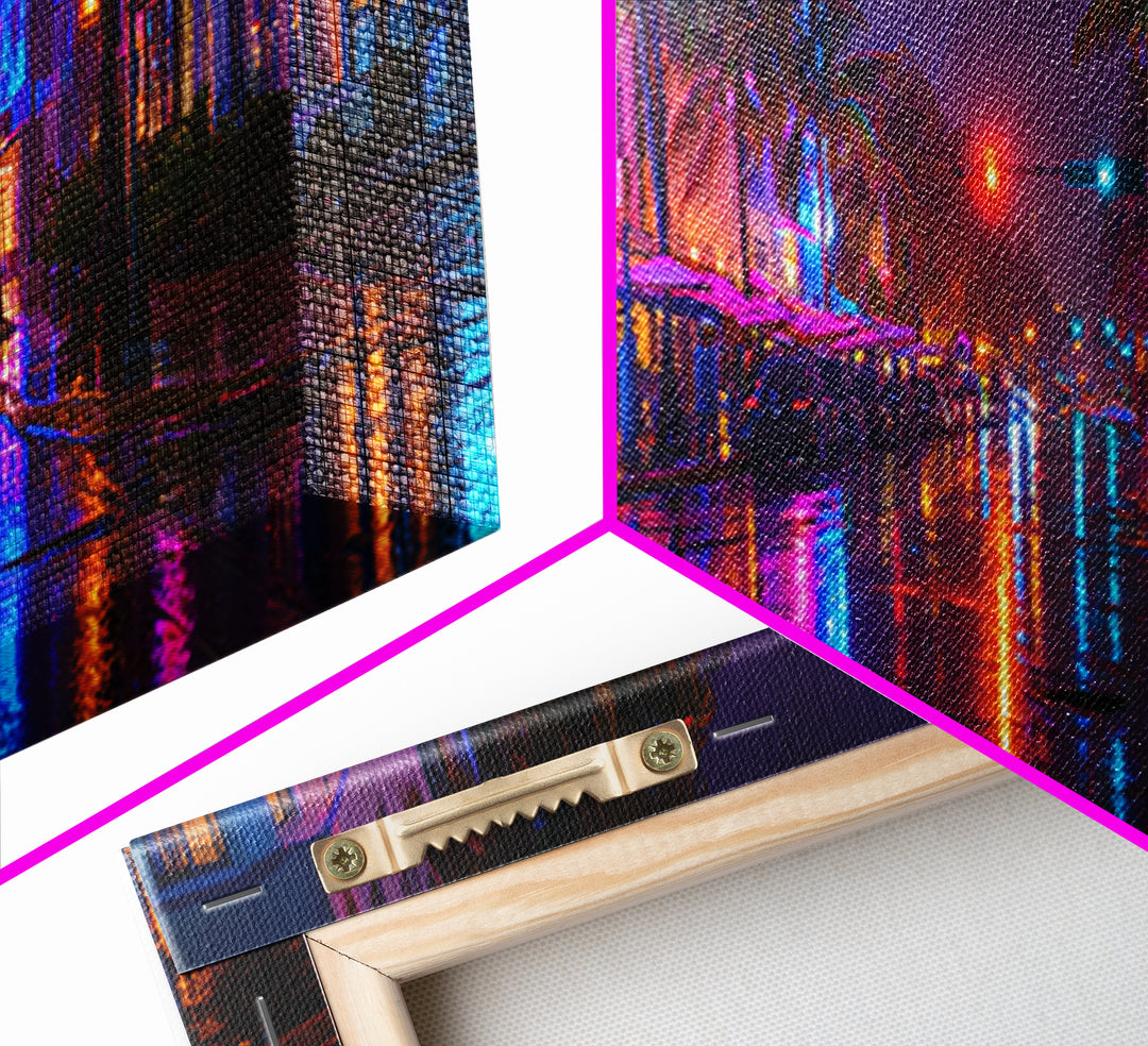 Rainy Neon Miami Street At Night Canvas Print, Cyberpunk City Wall Art, Urban Photography Decor For Modern Home Office Wall Decor