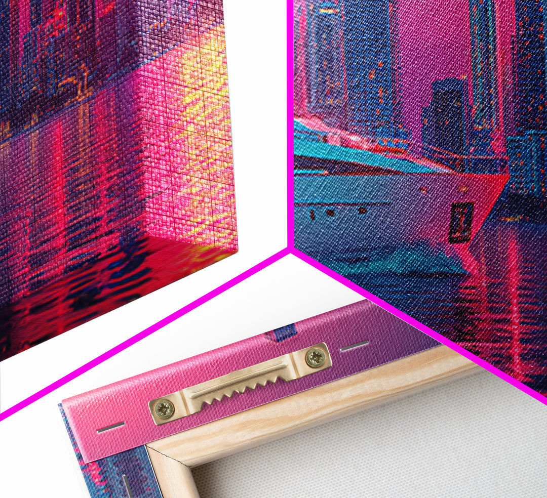 Neon Yacht And Miami Skyline Framed Canvas Print, Cyberpunk Coastal Wall Art, Vaporwave City Decor, Luxury Beach Poster Print