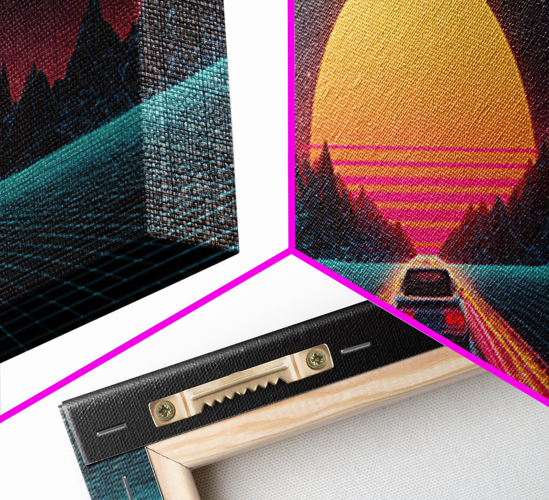 Retro Synthwave Car At Neon Sunset Canvas Print, Futuristic Wall Art, 80s Vaporwave Decor, Gaming Room, Gift For Him, Modern Home Decor