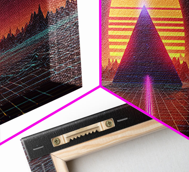 Neon Pyramid Sunset Grid Canvas Print, Retro Futuristic Wall Art, Synthwave Decor, Gaming Room Decor, Large Statement Artwork