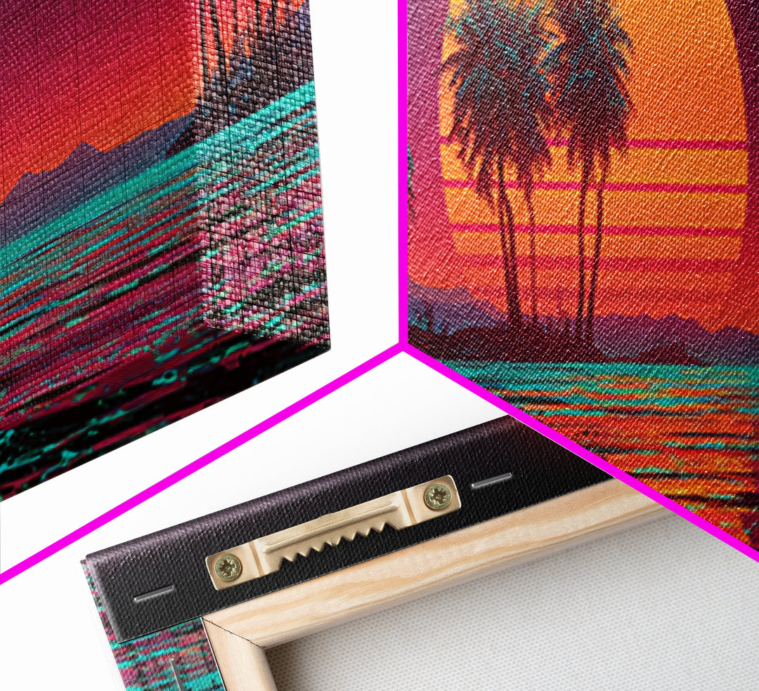 Neon Tropical Sunset Palms Over Ocean Canvas Print, Retro Futuristic Wall Art, Synthwave Beach Decor For Modern Living Room