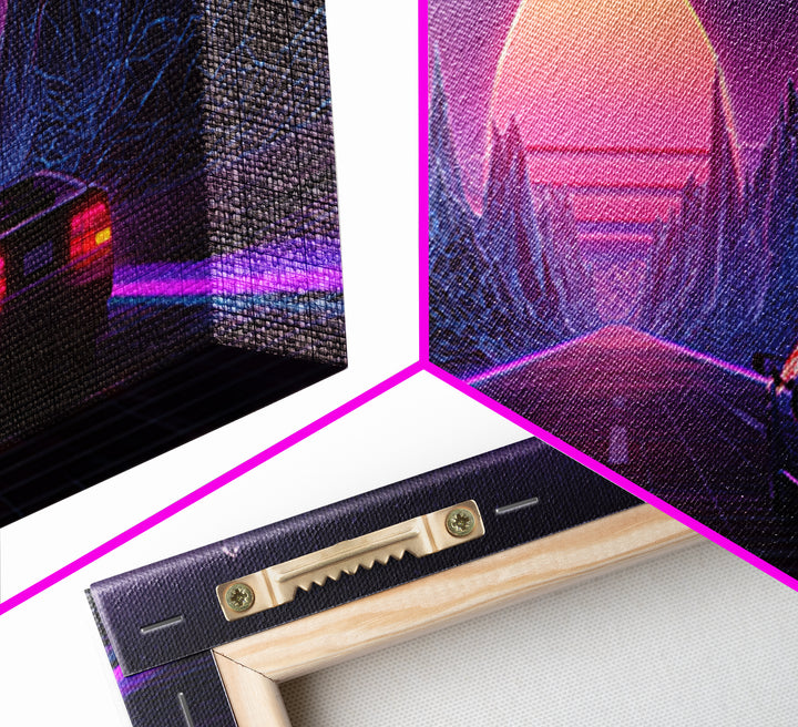 Synthwave Mountain Highway Canvas Print, Retro Futuristic Car Wall Art, Neon Gaming Room Decor, Vaporwave Poster, Cyberpunk Gift For Him