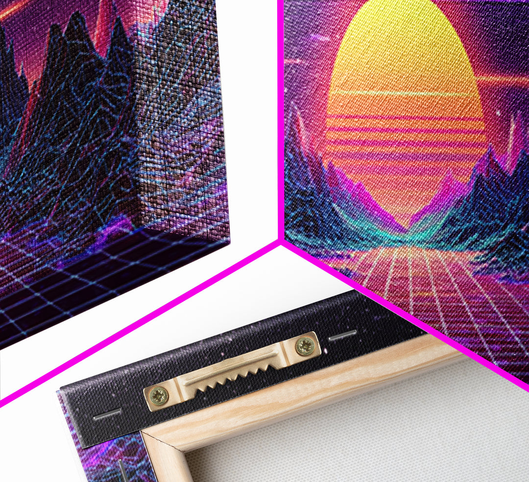 Retro Futuristic Mountain Grid Sunset Canvas Print, Synthwave Wall Art, Neon Vaporwave Decor For Game Room Or Dorm Room Decor