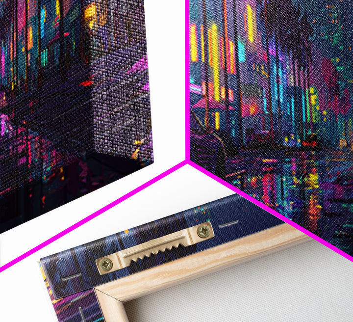 Neon Cyberpunk City Street Wall Art, Futuristic Canvas Print For Gaming Room Decor, Vaporwave Apartment Decor Gift For Him