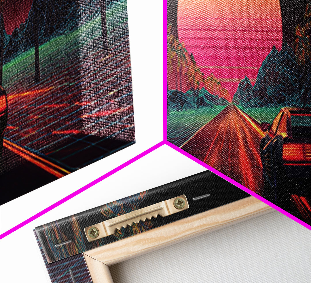 Retro Synthwave Car On Neon Palm Road Wall Art, 80s Vaporwave Canvas Print, Futuristic Cityscape Home Decor Poster For Living Room
