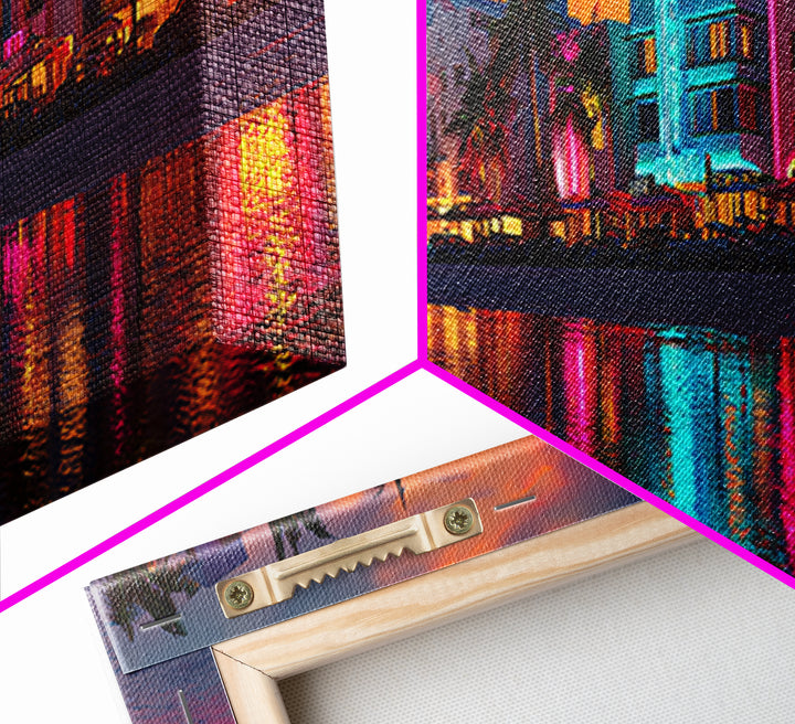 Vibrant Neon Miami Waterfront At Sunset Canvas Print, Tropical Palm City Wall Art, Coastal Home Decor, Art Deco Travel Poster Gift
