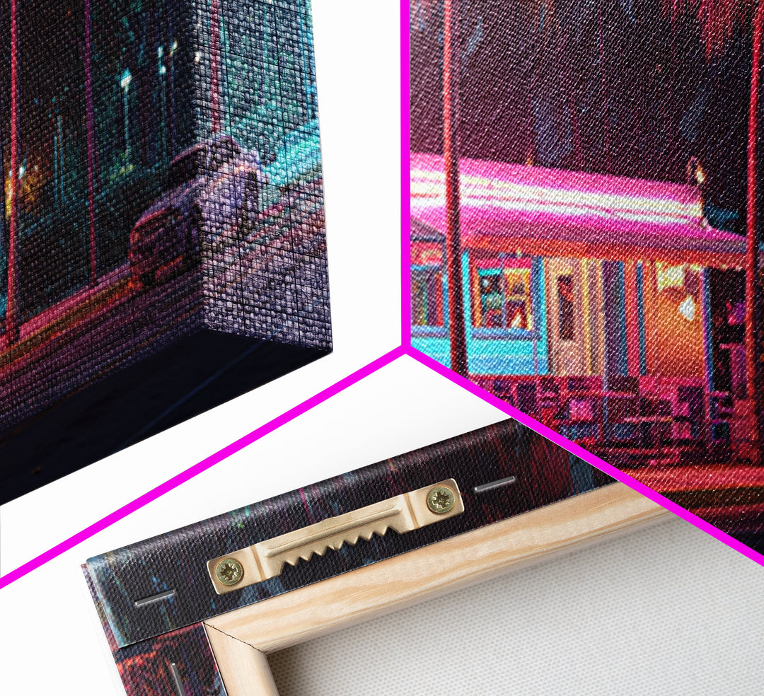 Neon Retro Diner At Night Framed Canvas Print, Cyberpunk Wall Art For Kitchen Bar Decor, Miami Vaporwave Home Decor Poster