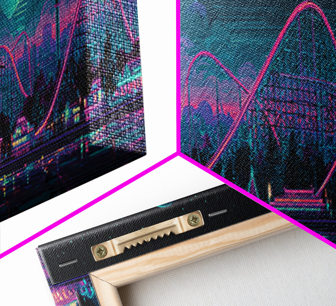 Neon Roller Coaster Park Canvas Print, Retro Futuristic Skyline With Moon, Modern Cyberpunk Neon City Game Room Wall Art Decor