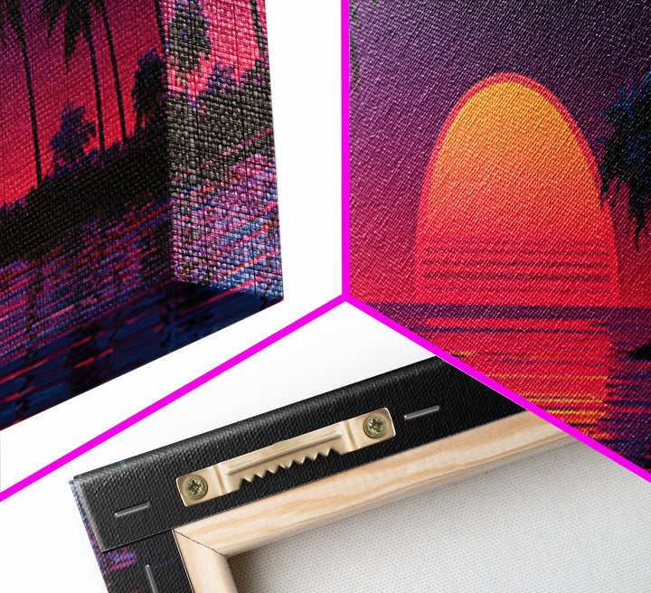 Neon Tropical Sunset Canvas Print, Retro Palm Tree Wall Art, Vaporwave Beach Decor, Coastal Summer Living Room Art, Large Poster