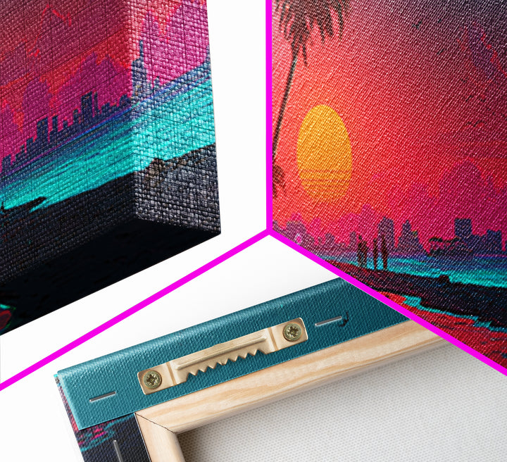 Neon Tropical City Beach Sunset Wall Art, Synthwave Ocean Skyline, Retro Futuristic Large Horizontal Coastal Living Room Decor
