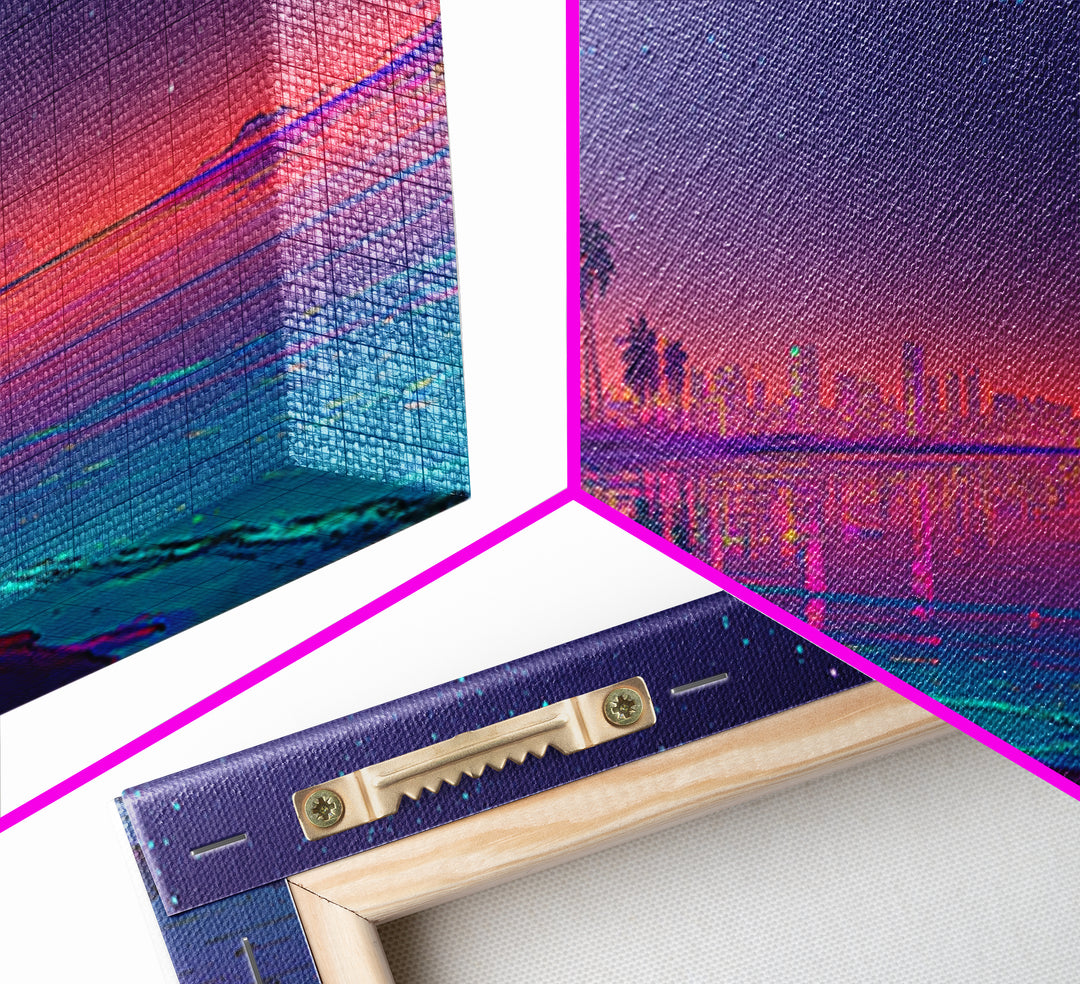 Neon Tropical Beach Skyline Under Stars, Coastal Canvas Print, Cityscape Wall Art, Beach House Decor, Modern Home Decor Print