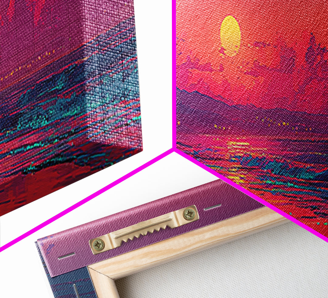 Magenta Tropical Beach Sunset Wall Art, Coastal Seascape Canvas Print, Palm Tree Decor, Summer Vibes, Living Room Poster