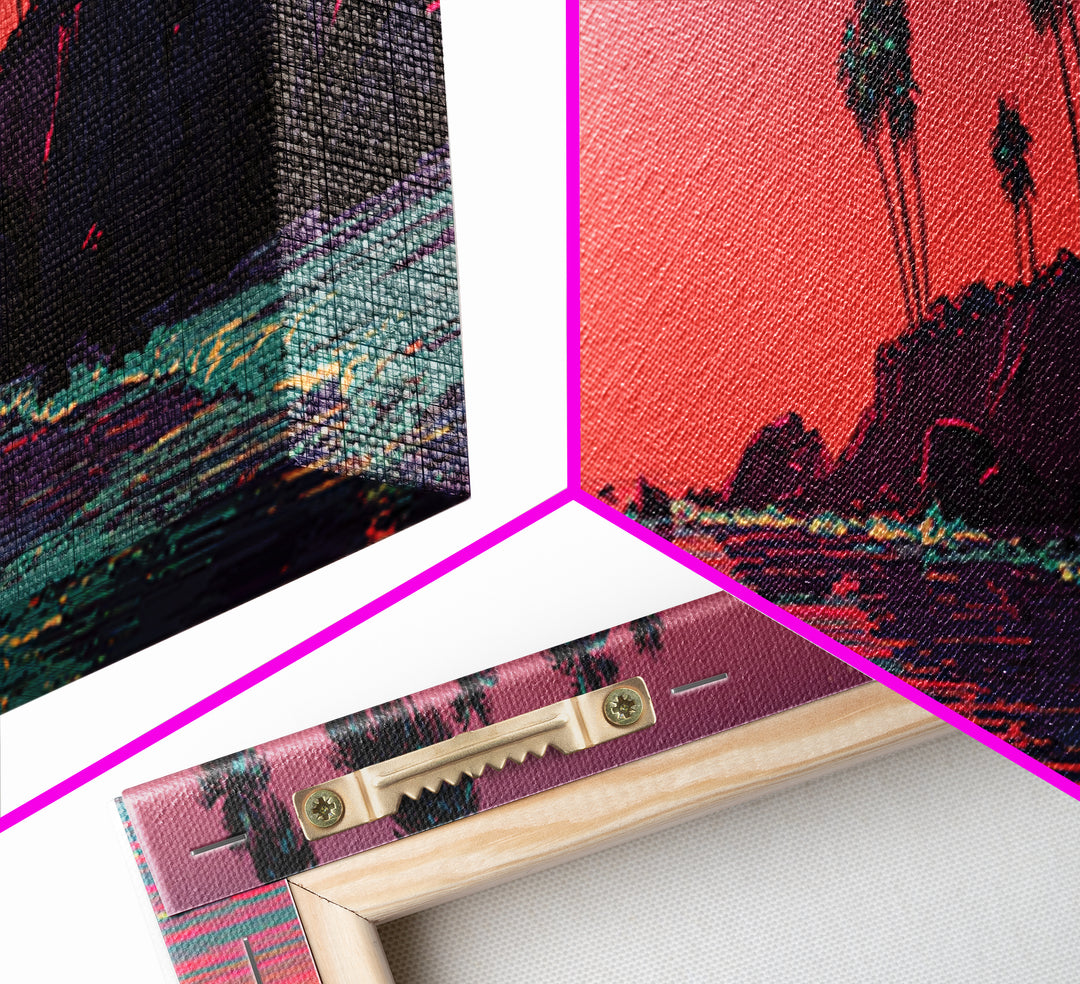 Retro Pixel Palm Beach Sunset Wall Art, Vaporwave Ocean Landscape Print, Tropical Coastal Decor, Long Horizontal Canvas Print