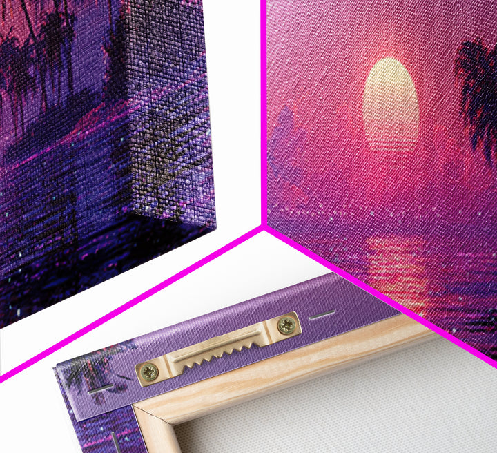 Retro Tropical Sunset Lagoon With Palm Trees Canvas Print, Vaporwave Ocean Wall Art, Coastal Decor, Beach House Gift For Her