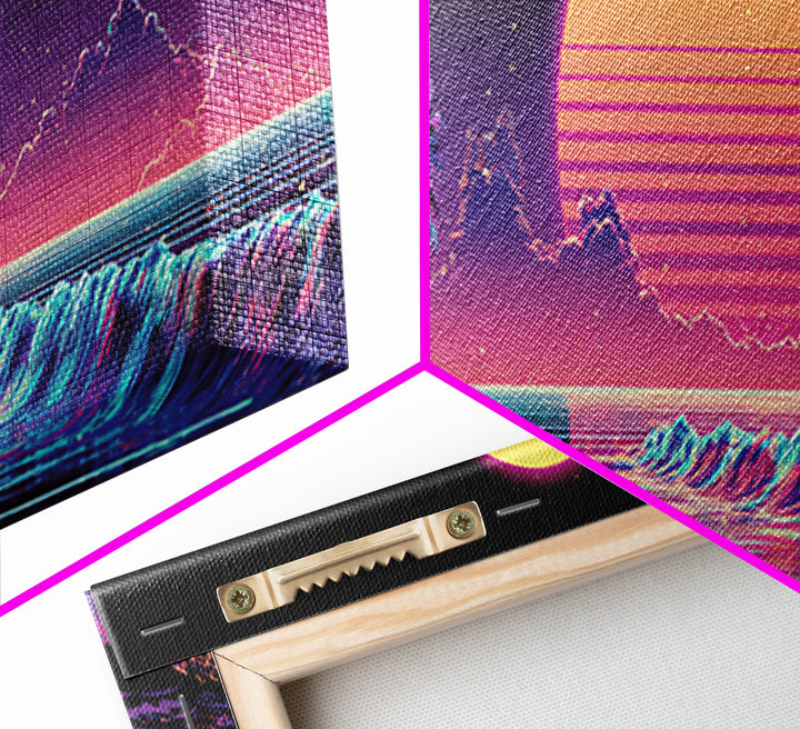 Neon Tropical Beach Sunset Canvas Print, Retro Palm Tree Ocean Wave Wall Decor, Vaporwave Coastal Art For Living Room Modern Home Decor